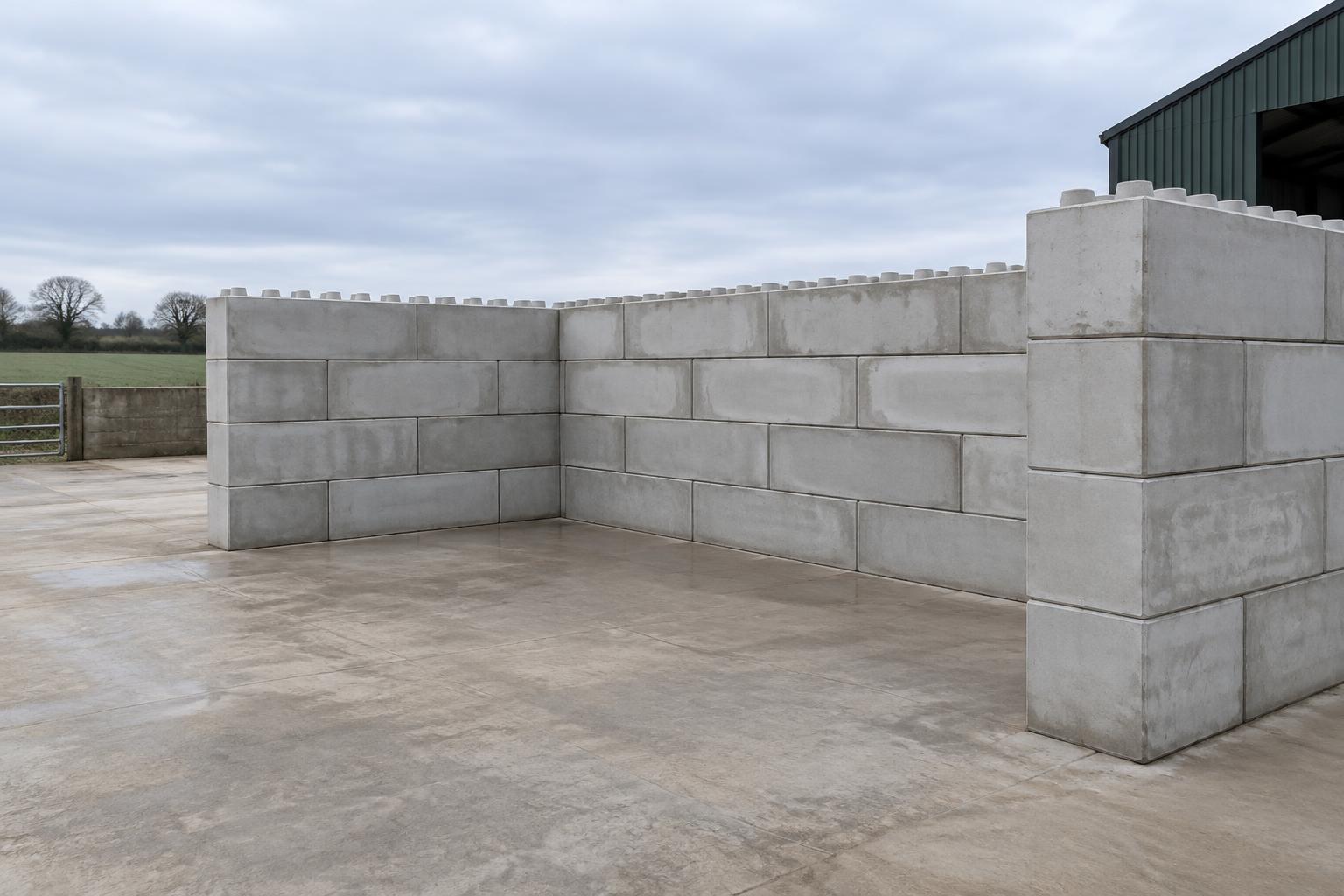 Modular interlocking concrete blocks forming storage bay walls on a concrete yard